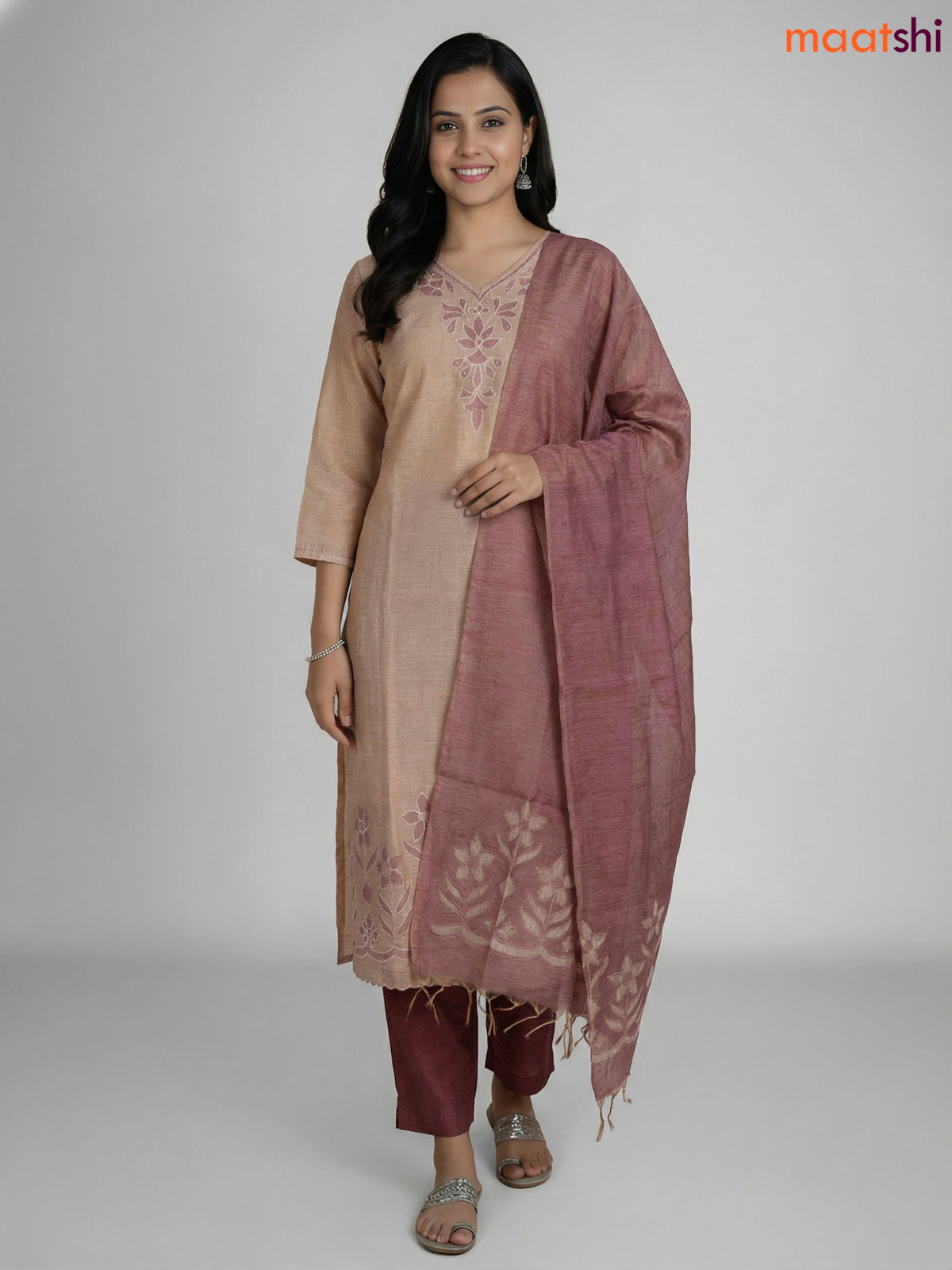 Beige and Mauve Pink Khadi Cotton Embroidery Work Straight Suit
