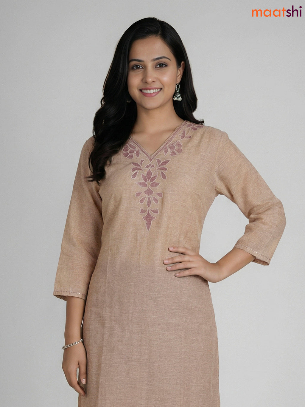 Beige and Mauve Pink Khadi Cotton Embroidery Work Straight Suit