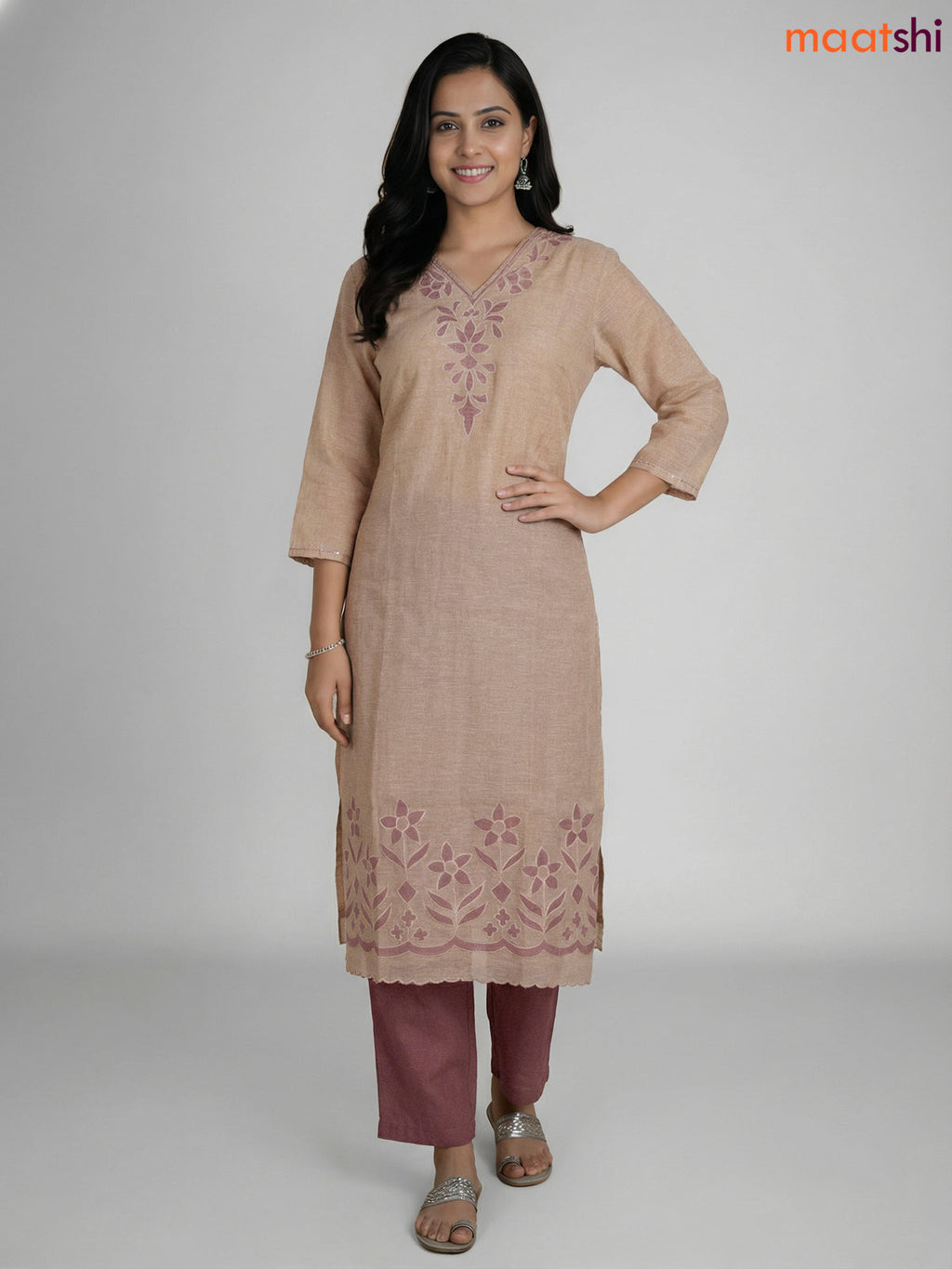 Beige and Mauve Pink Khadi Cotton Embroidery Work Straight Suit