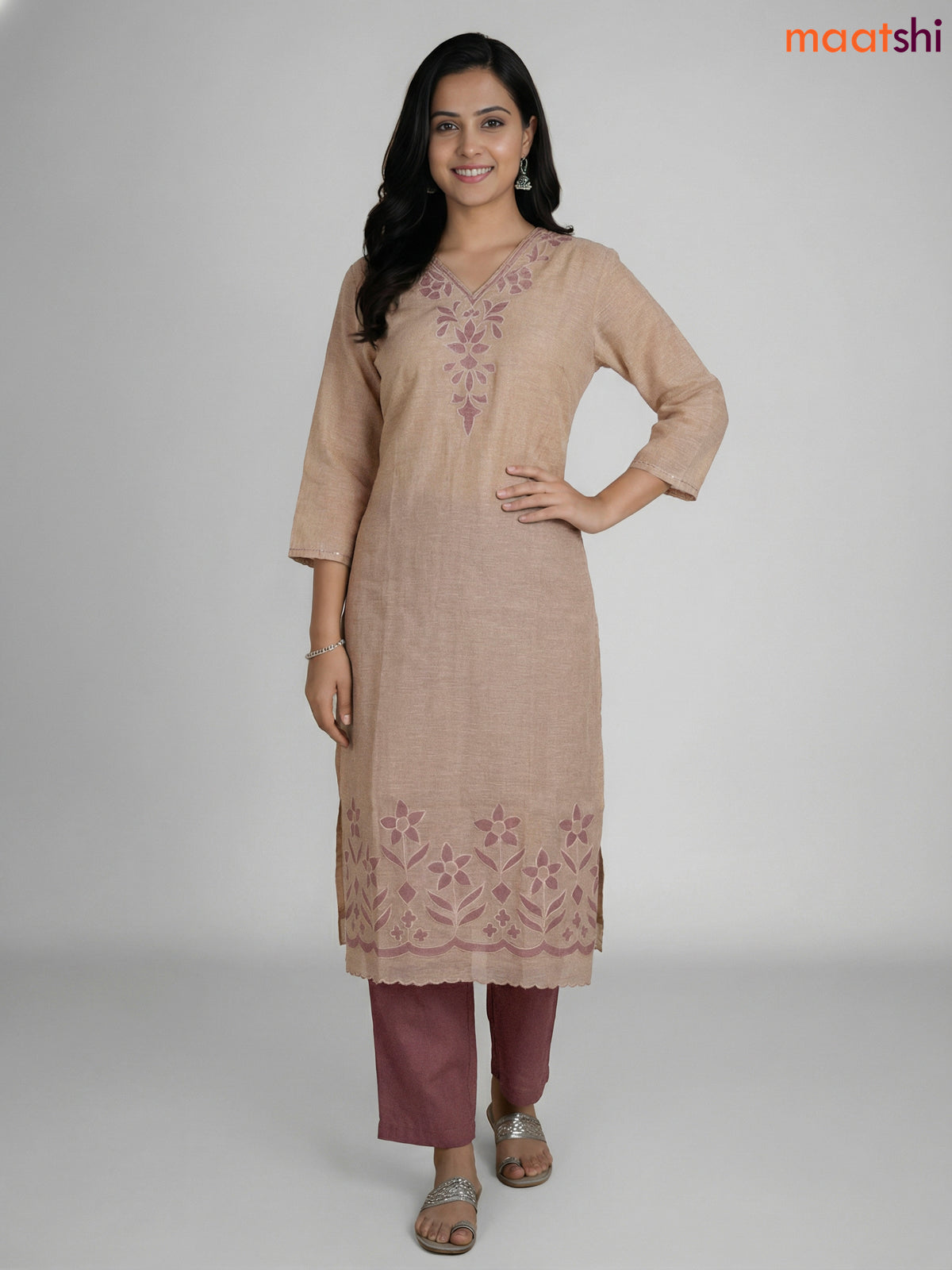 Beige and Mauve Pink Khadi Cotton Embroidery Work Straight Suit