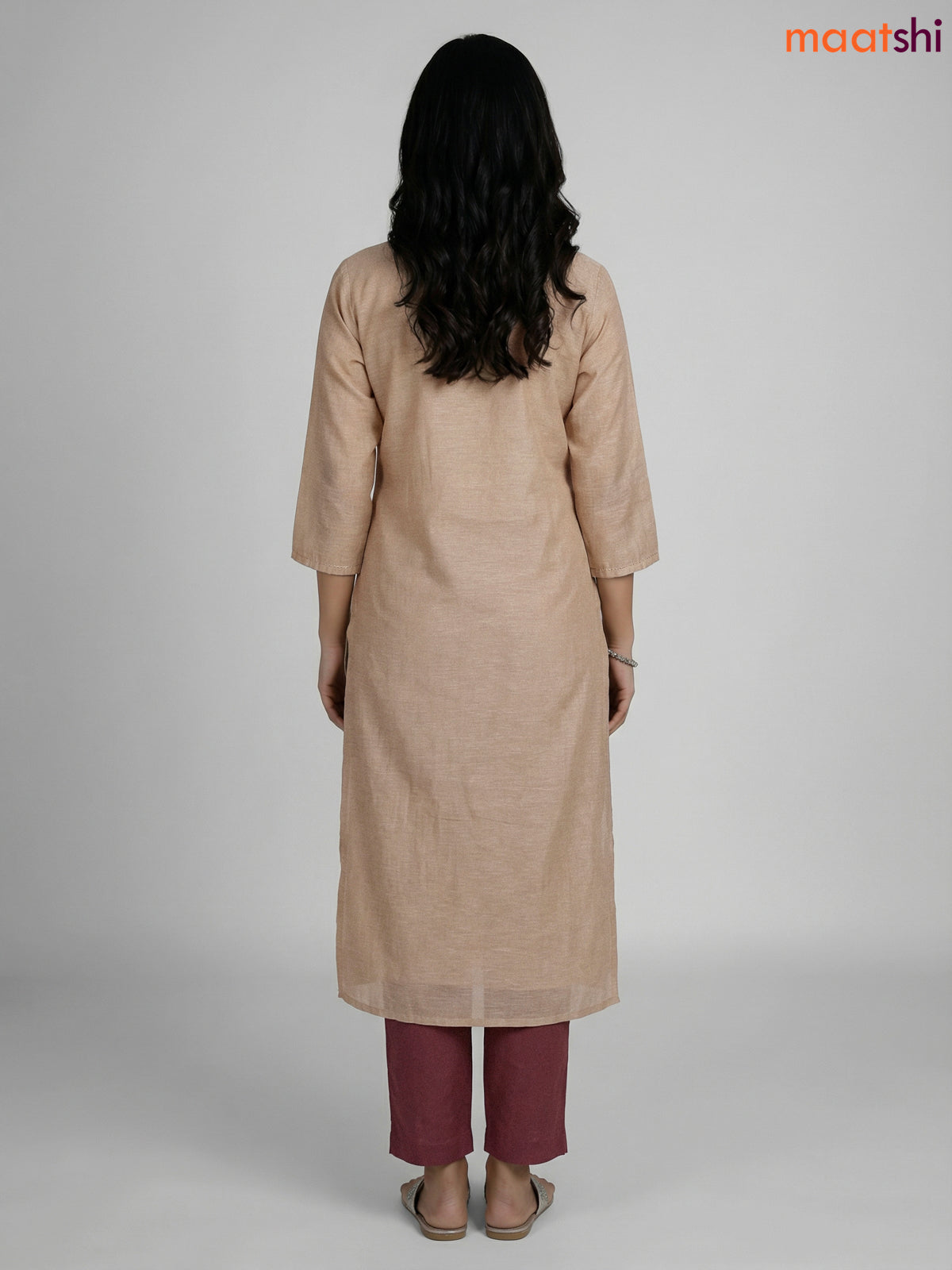 Beige and Mauve Pink Khadi Cotton Embroidery Work Straight Suit