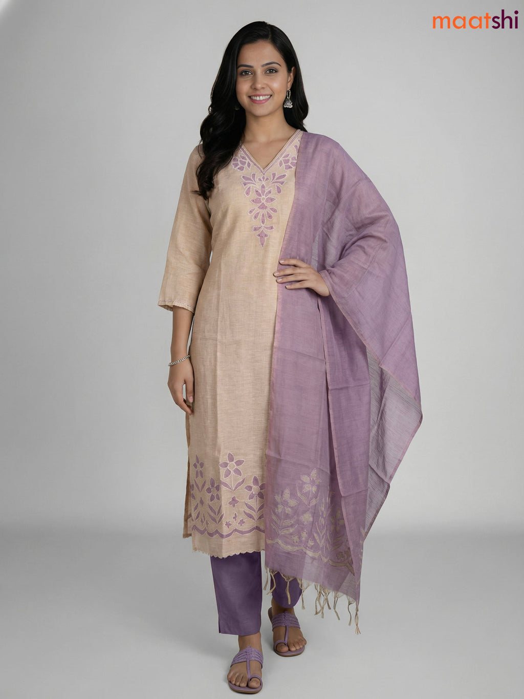 Beige and Lavender Khadi Cotton Embroidery Work Straight Suit