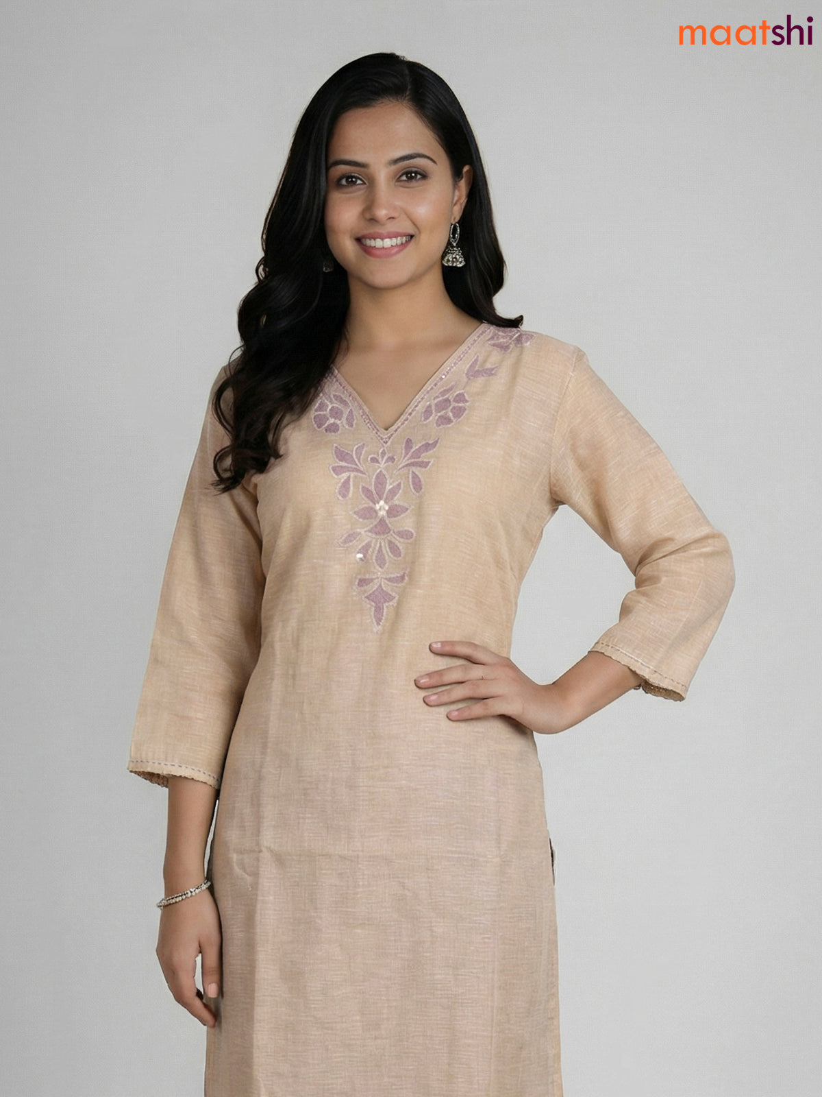 Beige and Lavender Khadi Cotton Embroidery Work Straight Suit