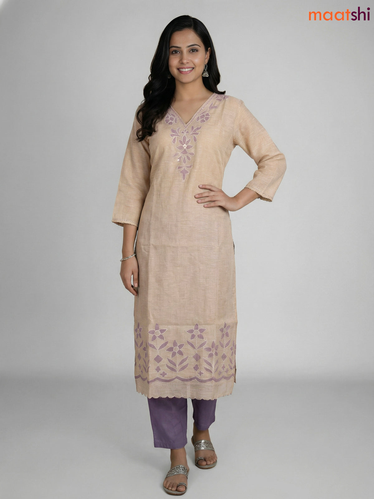 Beige and Lavender Khadi Cotton Embroidery Work Straight Suit