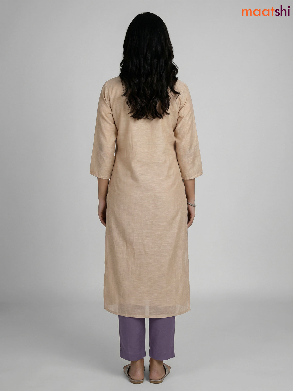 Beige and Lavender Khadi Cotton Embroidery Work Straight Suit