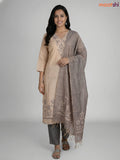 Beige and Grey Khadi Cotton Embroidery Work Straight Suit