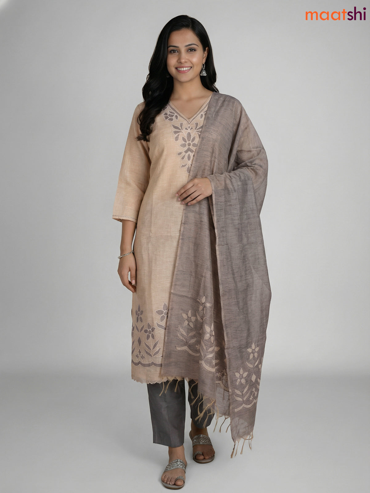 Beige and Grey Khadi Cotton Embroidery Work Straight Suit