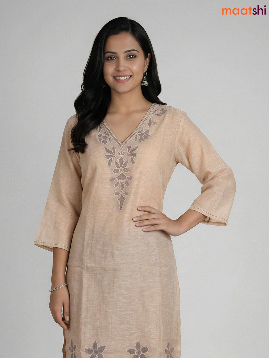 Beige and Grey Khadi Cotton Embroidery Work Straight Suit