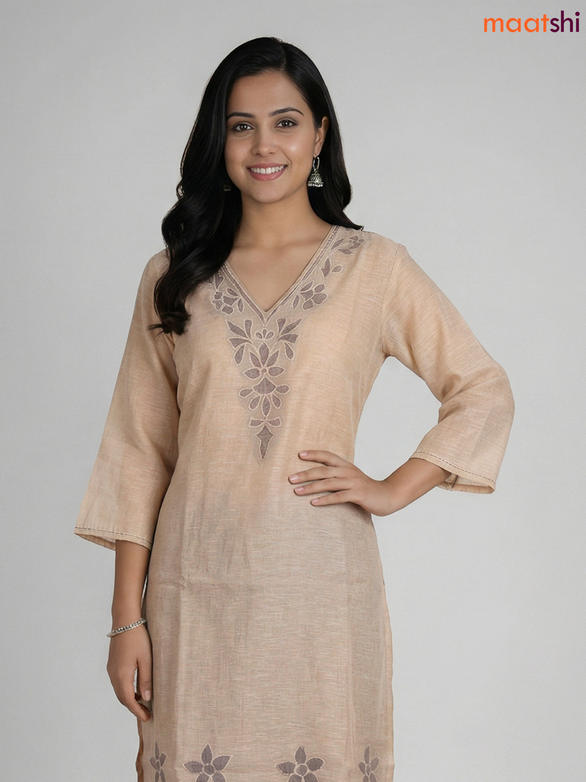 Beige and Grey Khadi Cotton Embroidery Work Straight Suit