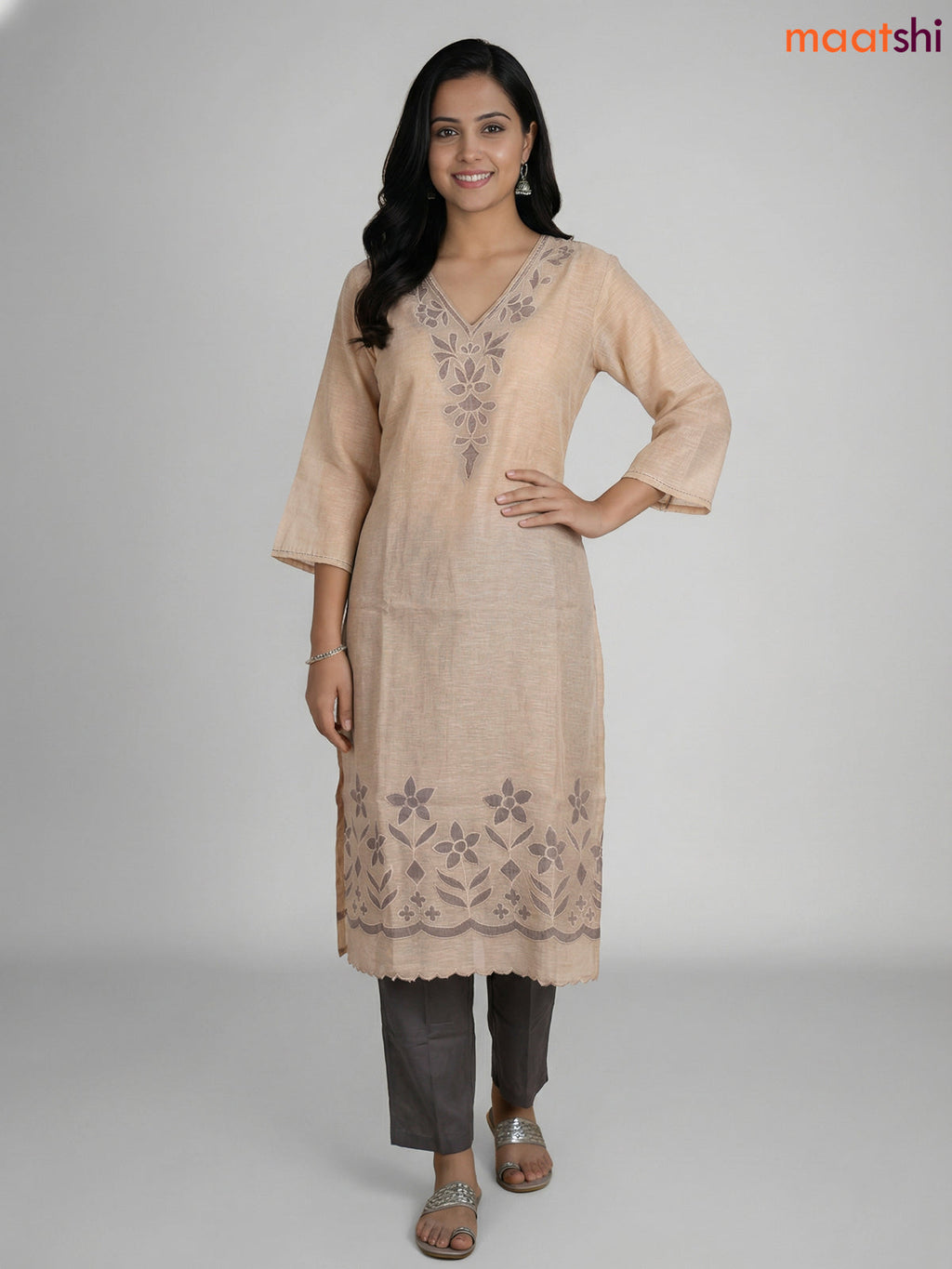Beige and Grey Khadi Cotton Embroidery Work Straight Suit