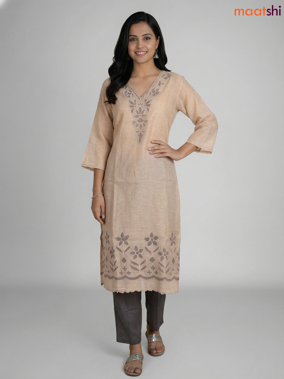 Beige and Grey Khadi Cotton Embroidery Work Straight Suit