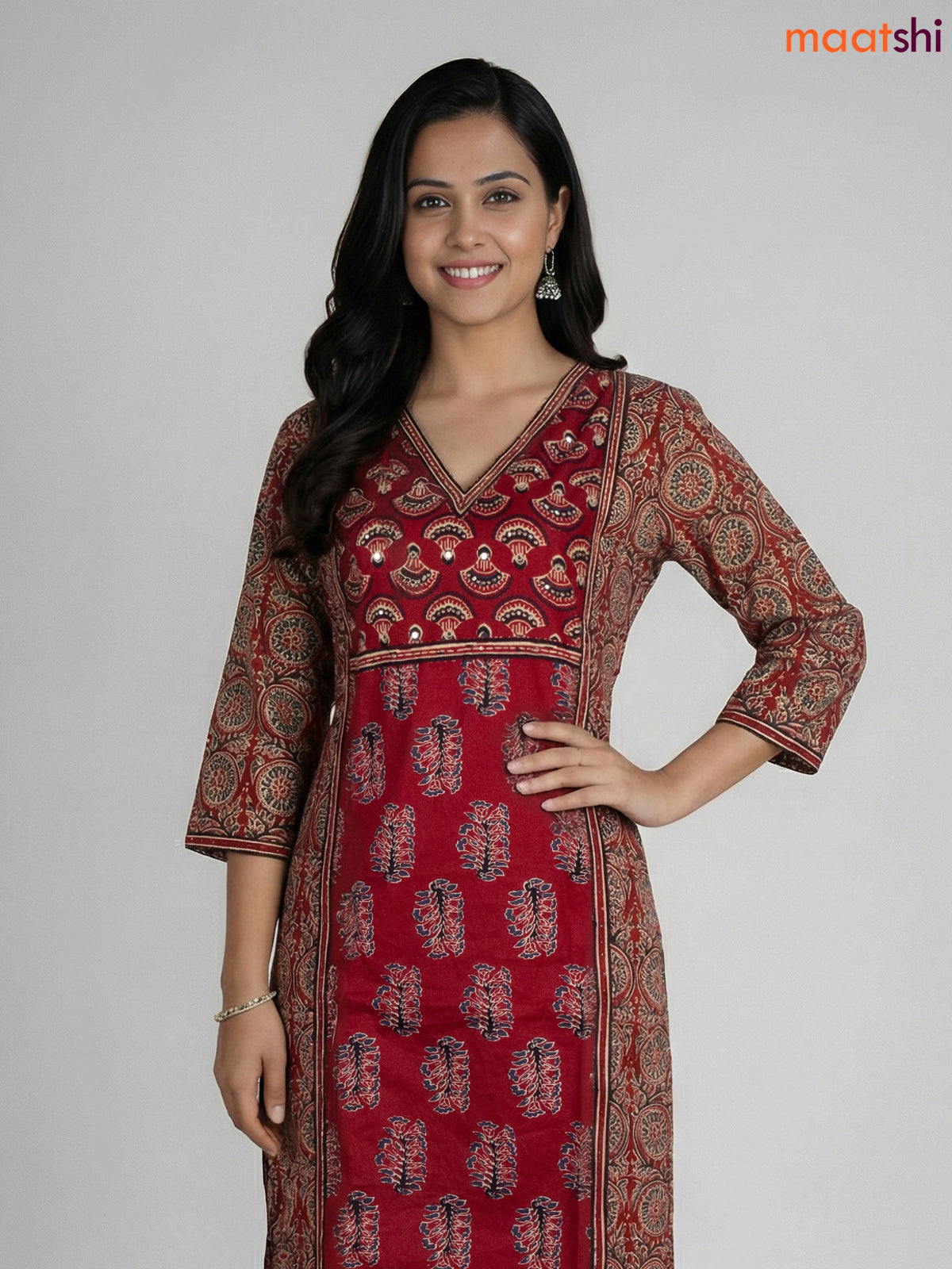 Maroon Cotton Printed Straight Suit