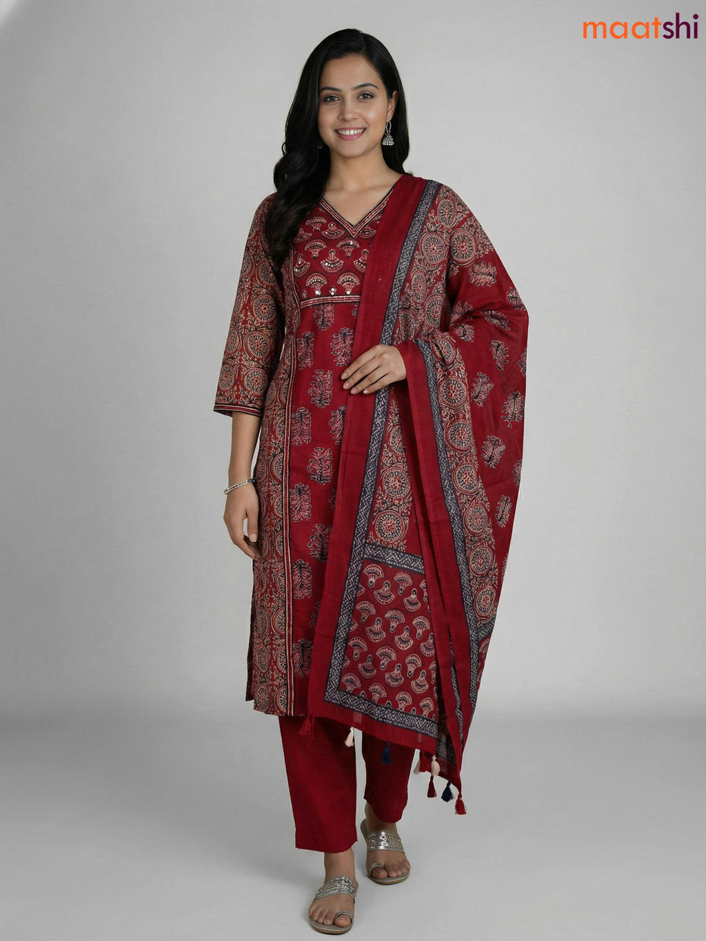 Maroon Cotton Printed Straight Suit