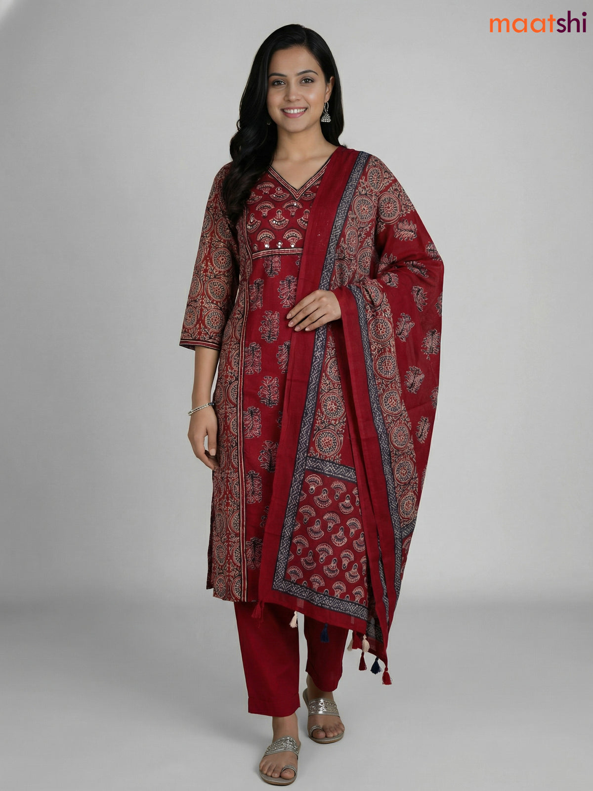 Maroon Cotton Printed Straight Suit