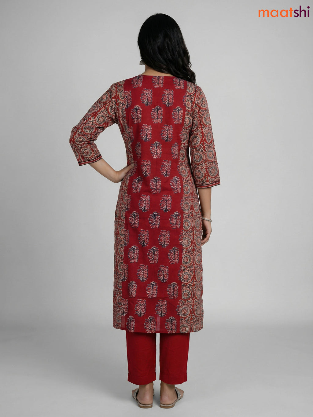 Maroon Cotton Printed Straight Suit
