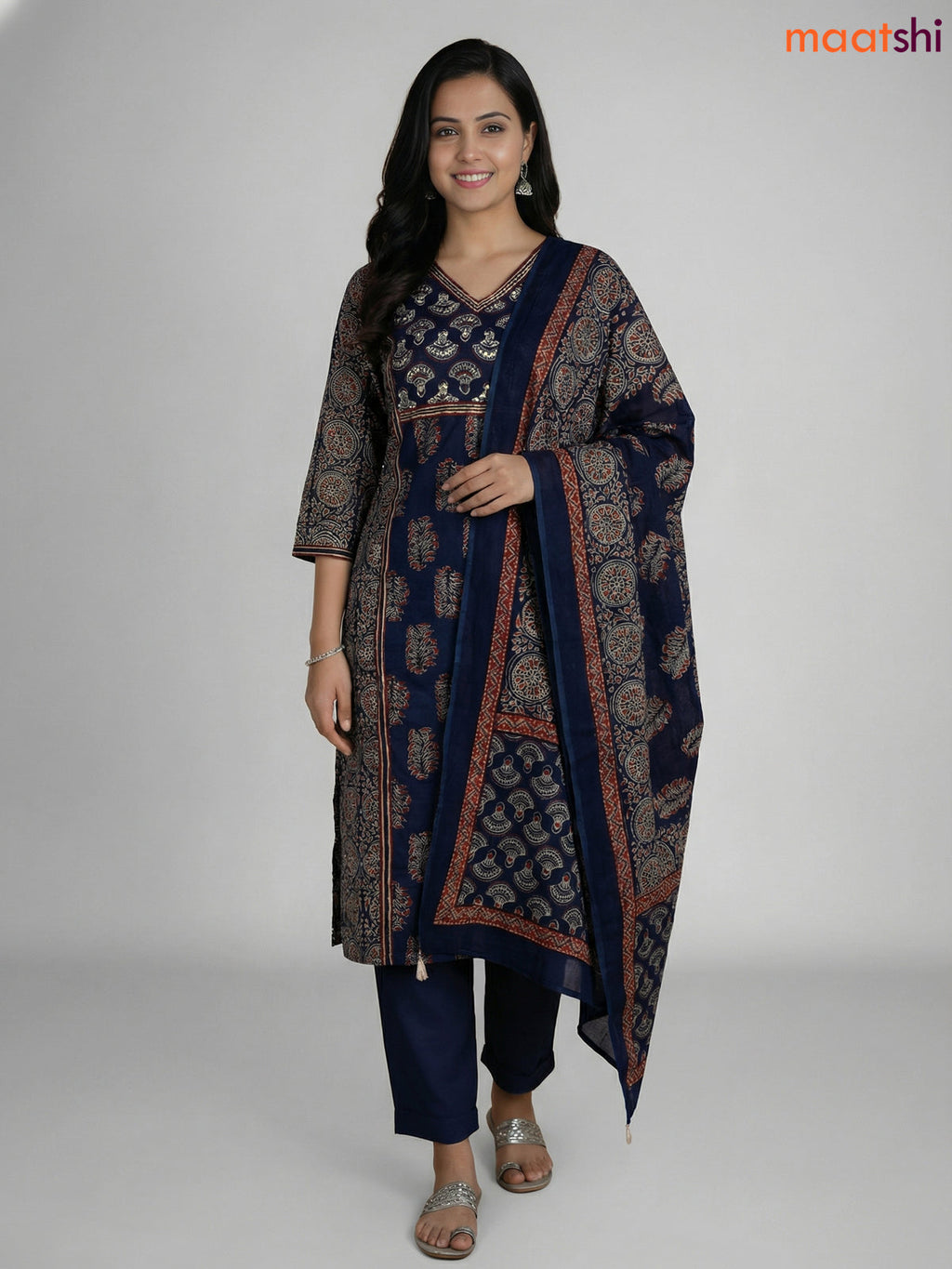 Blue Cotton Printed Straight Suit