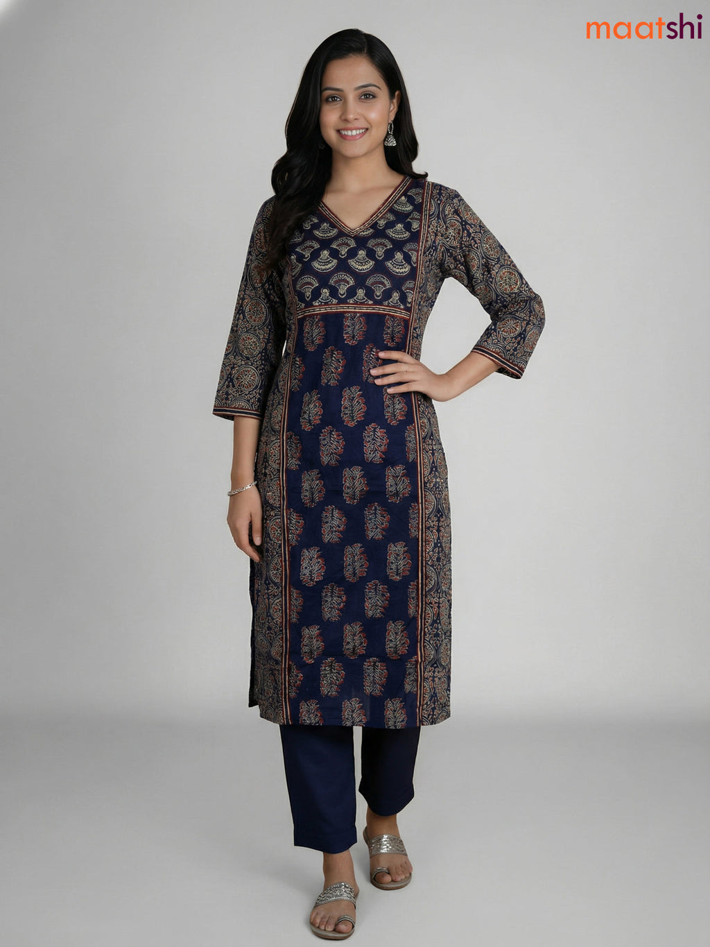 Blue Cotton Printed Straight Suit