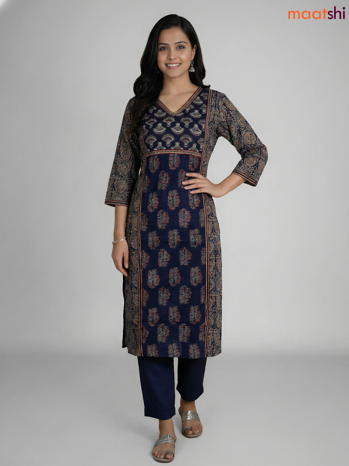 Blue Cotton Printed Straight Suit