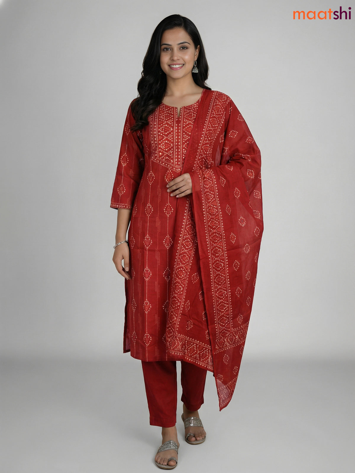 Dark Rust Cotton Printed Straight Suit