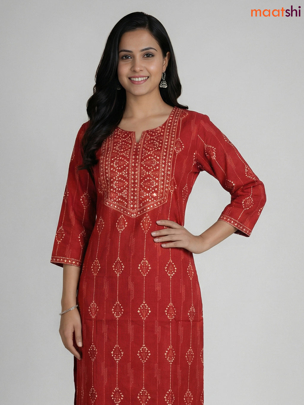 Dark Rust Cotton Printed Straight Suit