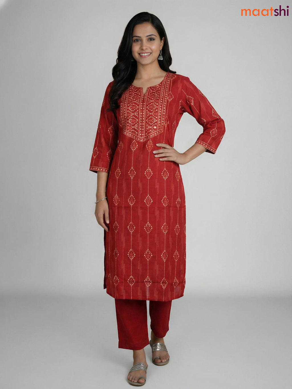 Dark Rust Cotton Printed Straight Suit