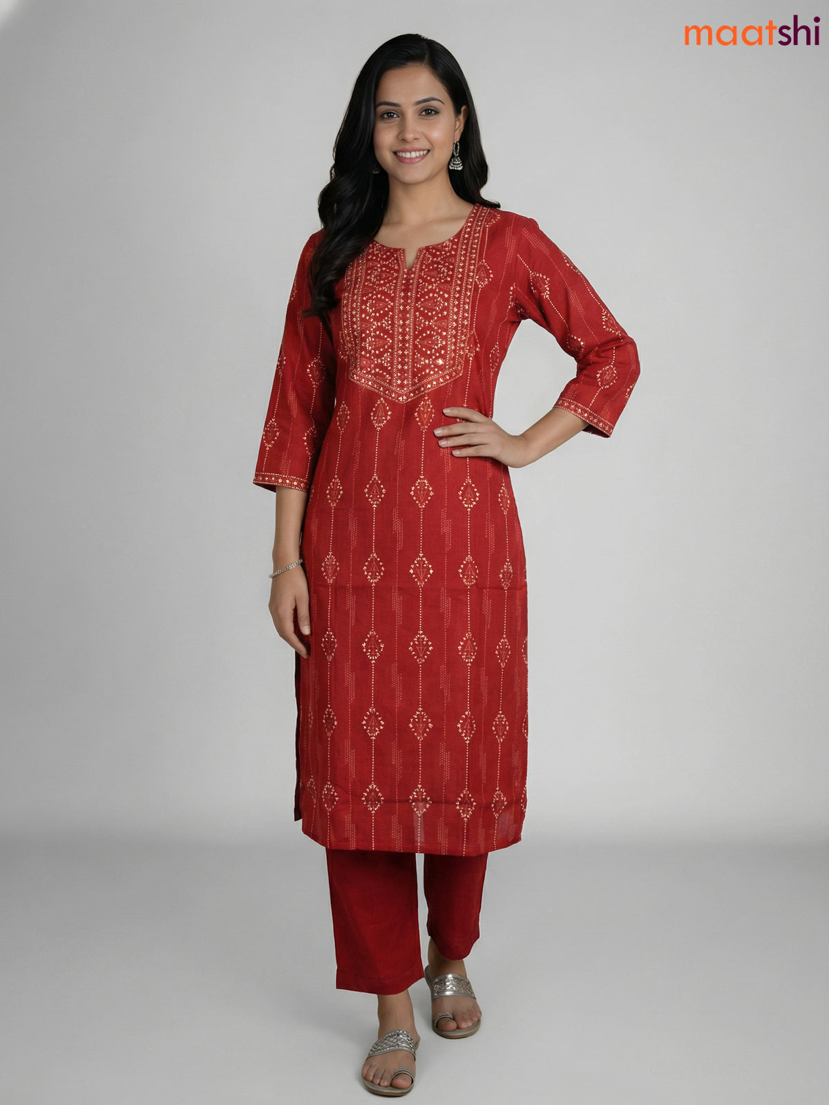 Dark Rust Cotton Printed Straight Suit