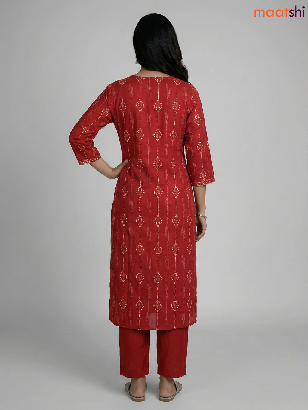 Dark Rust Cotton Printed Straight Suit