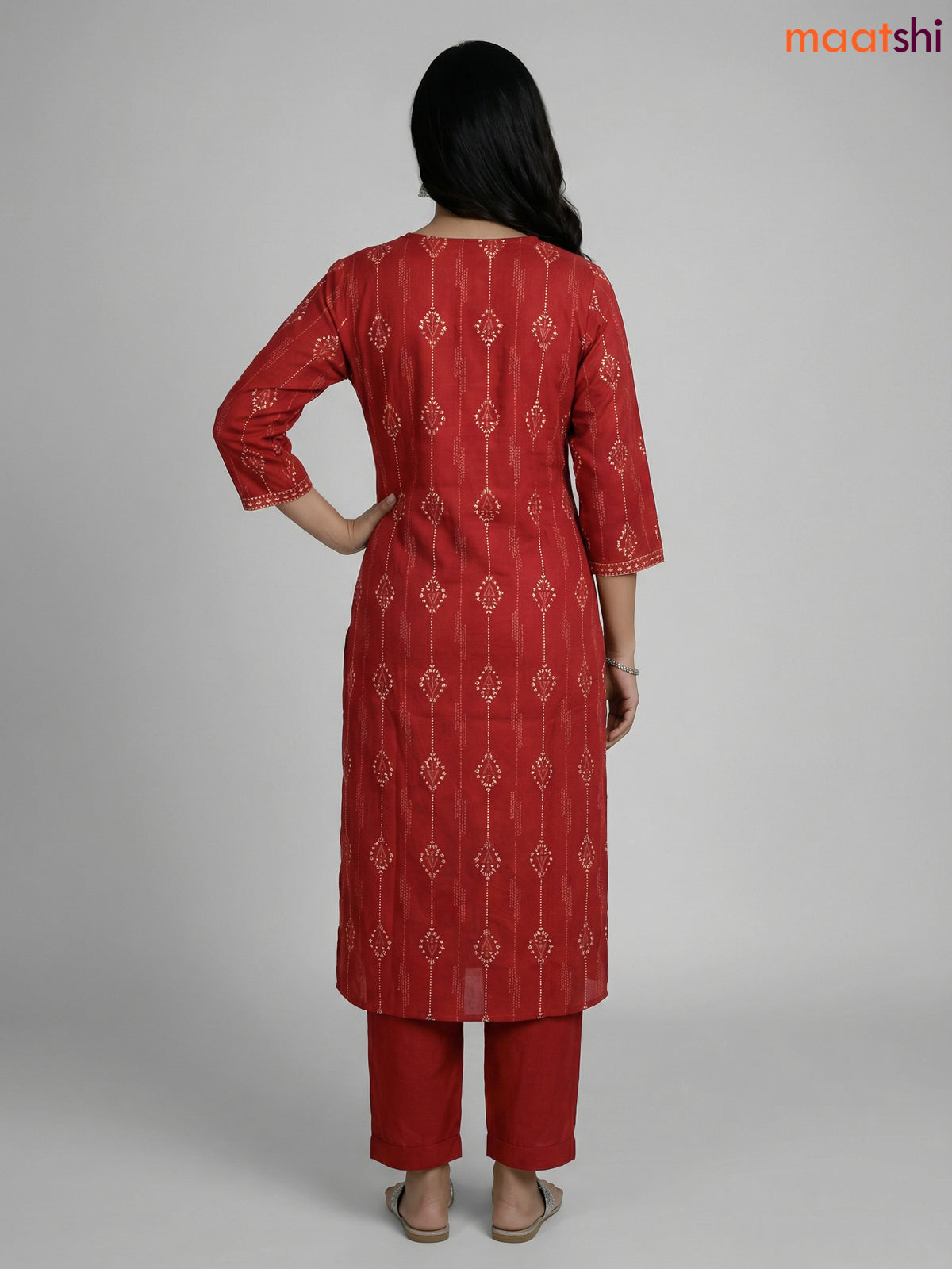 Dark Rust Cotton Printed Straight Suit