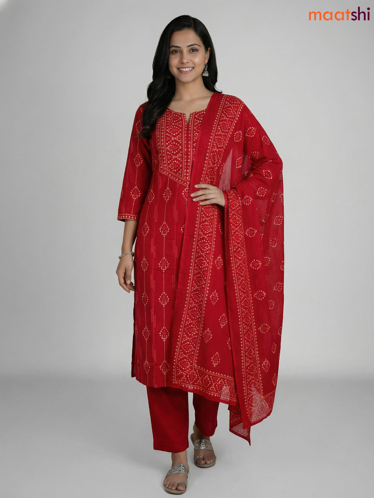 Red Cotton Printed Straight Suit
