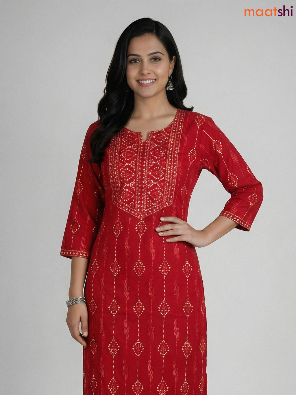 Red Cotton Printed Straight Suit