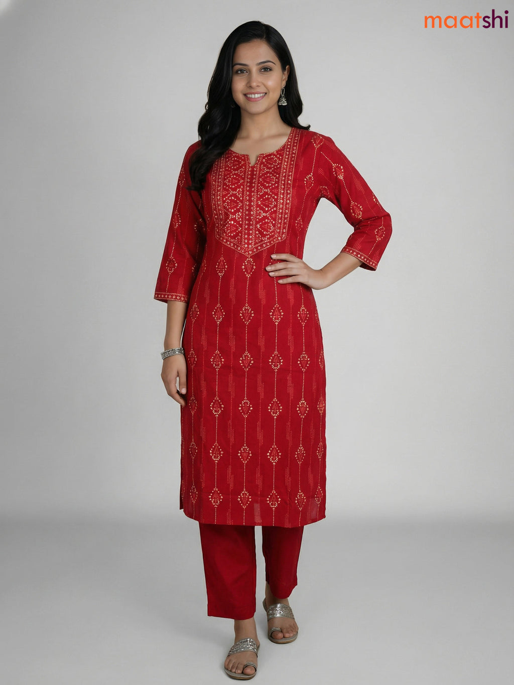 Red Cotton Printed Straight Suit