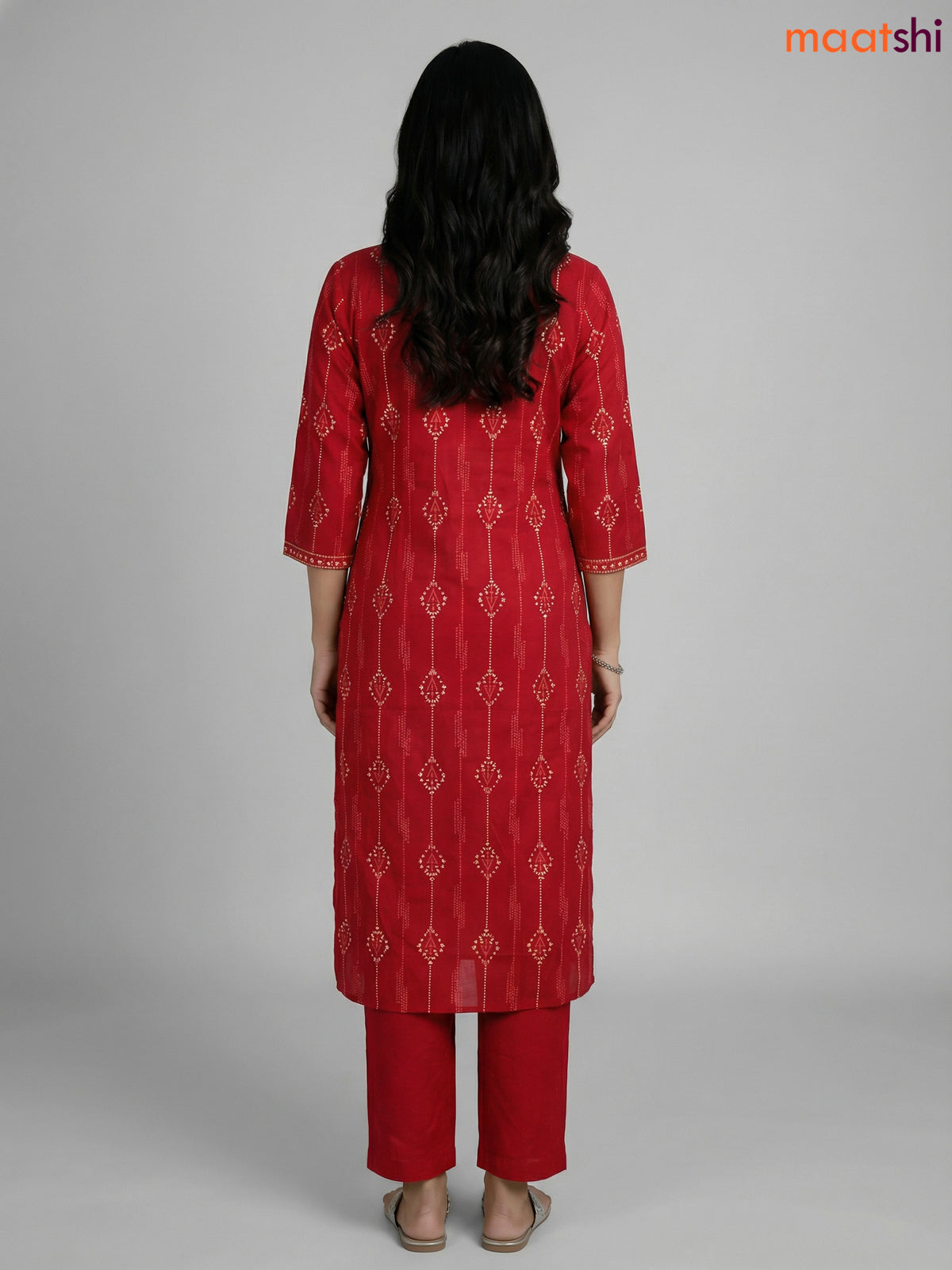 Red Cotton Printed Straight Suit