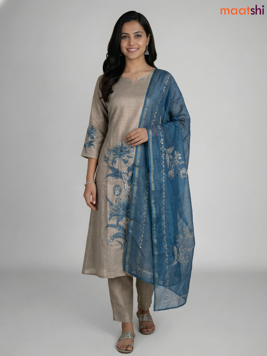 Grey and Blue Tissue Linen Kantha Stitch Work Aline Straight Suit