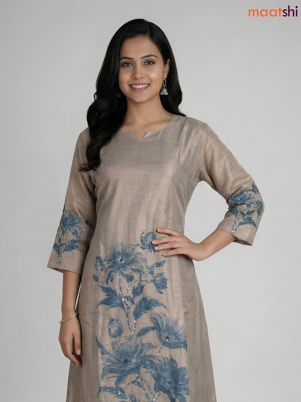 Grey and Blue Tissue Linen Kantha Stitch Work Aline Straight Suit