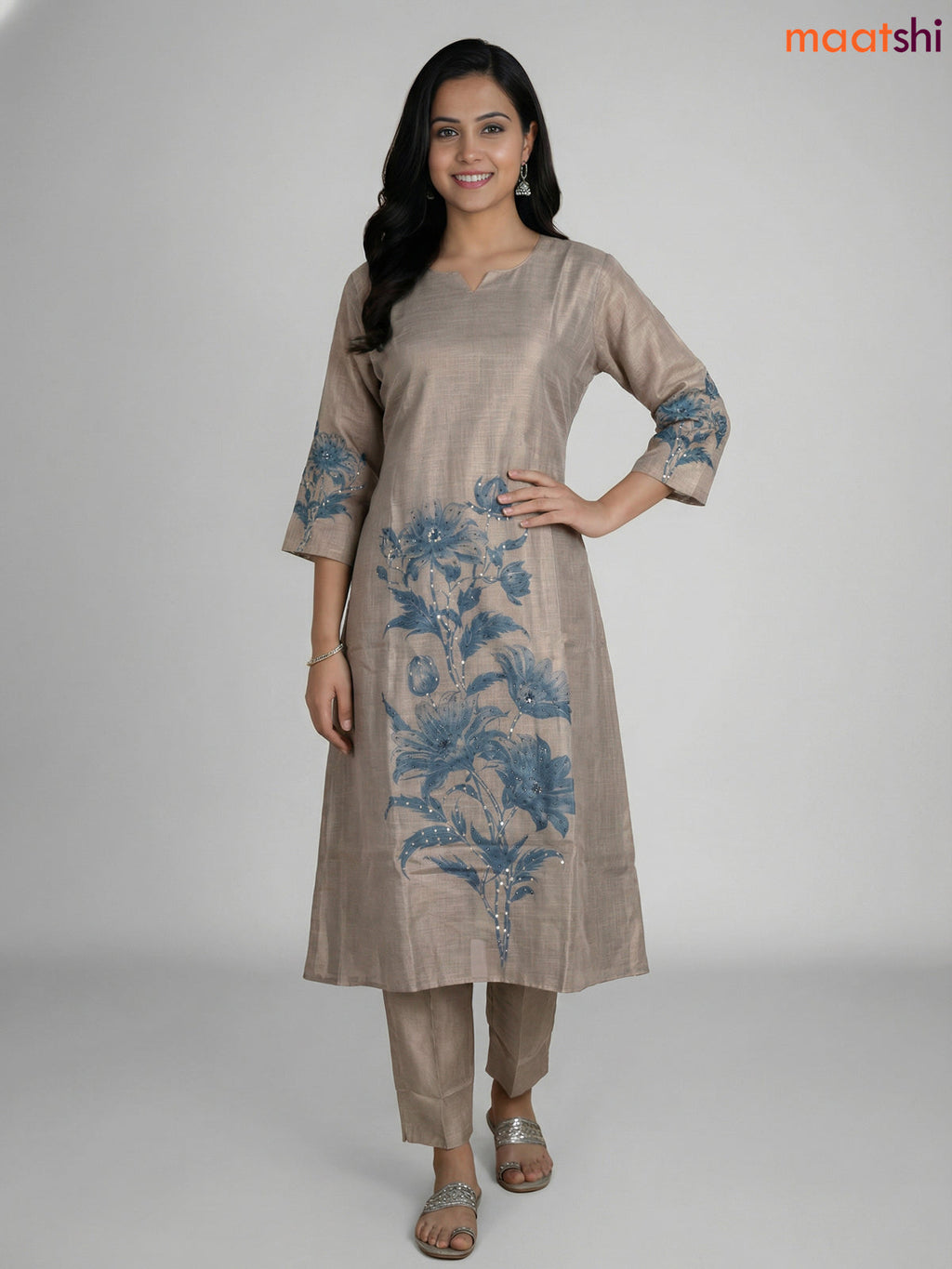 Grey and Blue Tissue Linen Kantha Stitch Work Aline Straight Suit