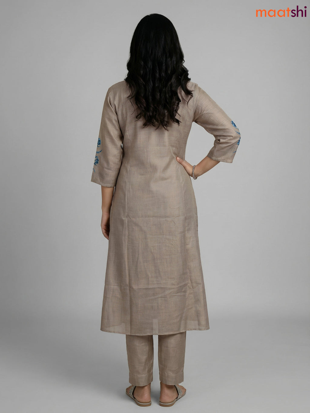 Grey and Blue Tissue Linen Kantha Stitch Work Aline Straight Suit