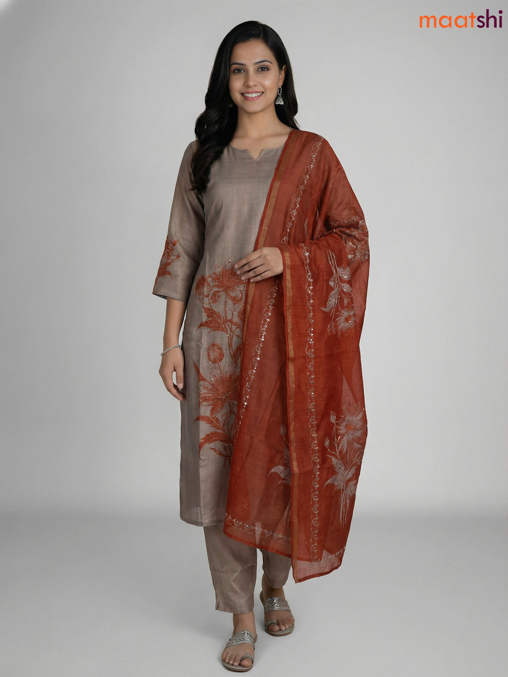 Grey and Rust Shade Tissue Linen Kantha Stitch Work Aline Straight Suit