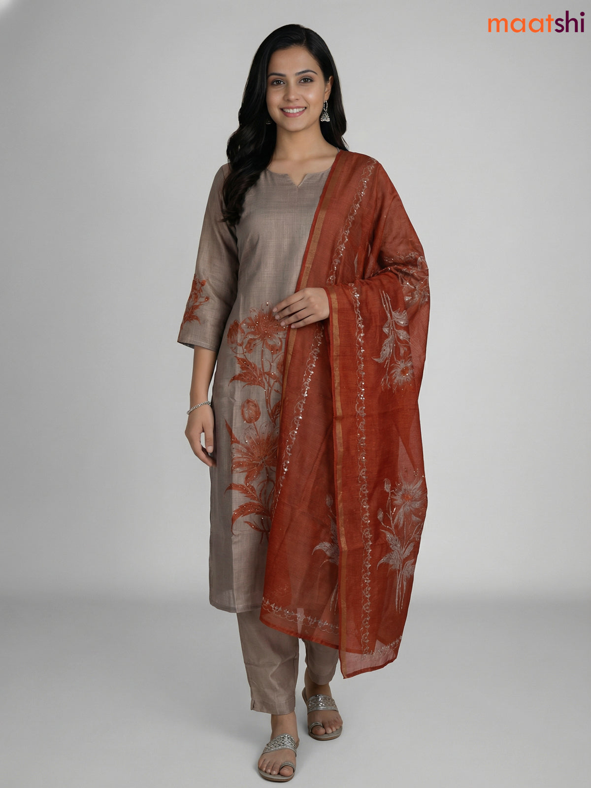 Grey and Rust Shade Tissue Linen Kantha Stitch Work Aline Straight Suit