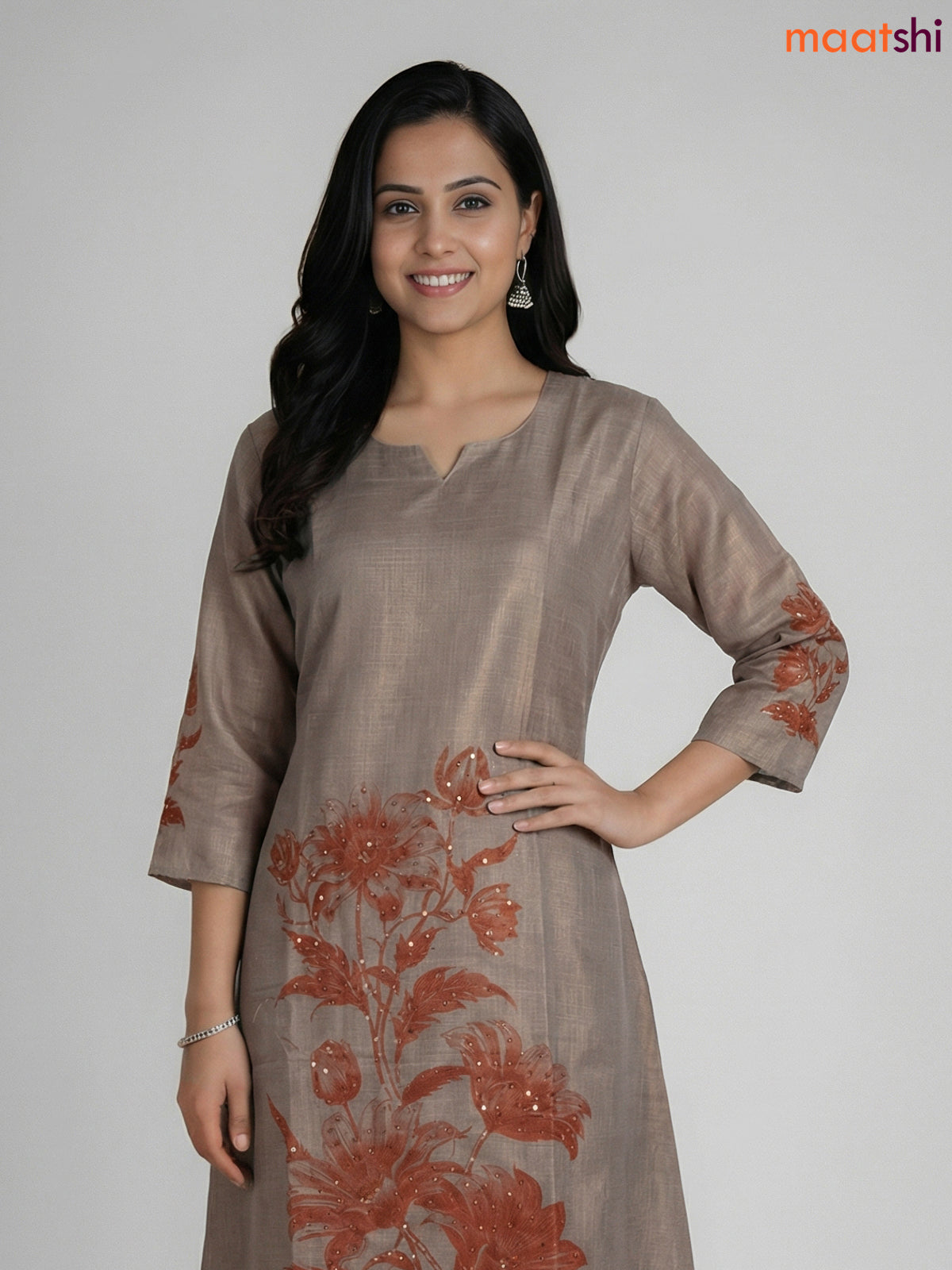 Grey and Rust Shade Tissue Linen Kantha Stitch Work Aline Straight Suit