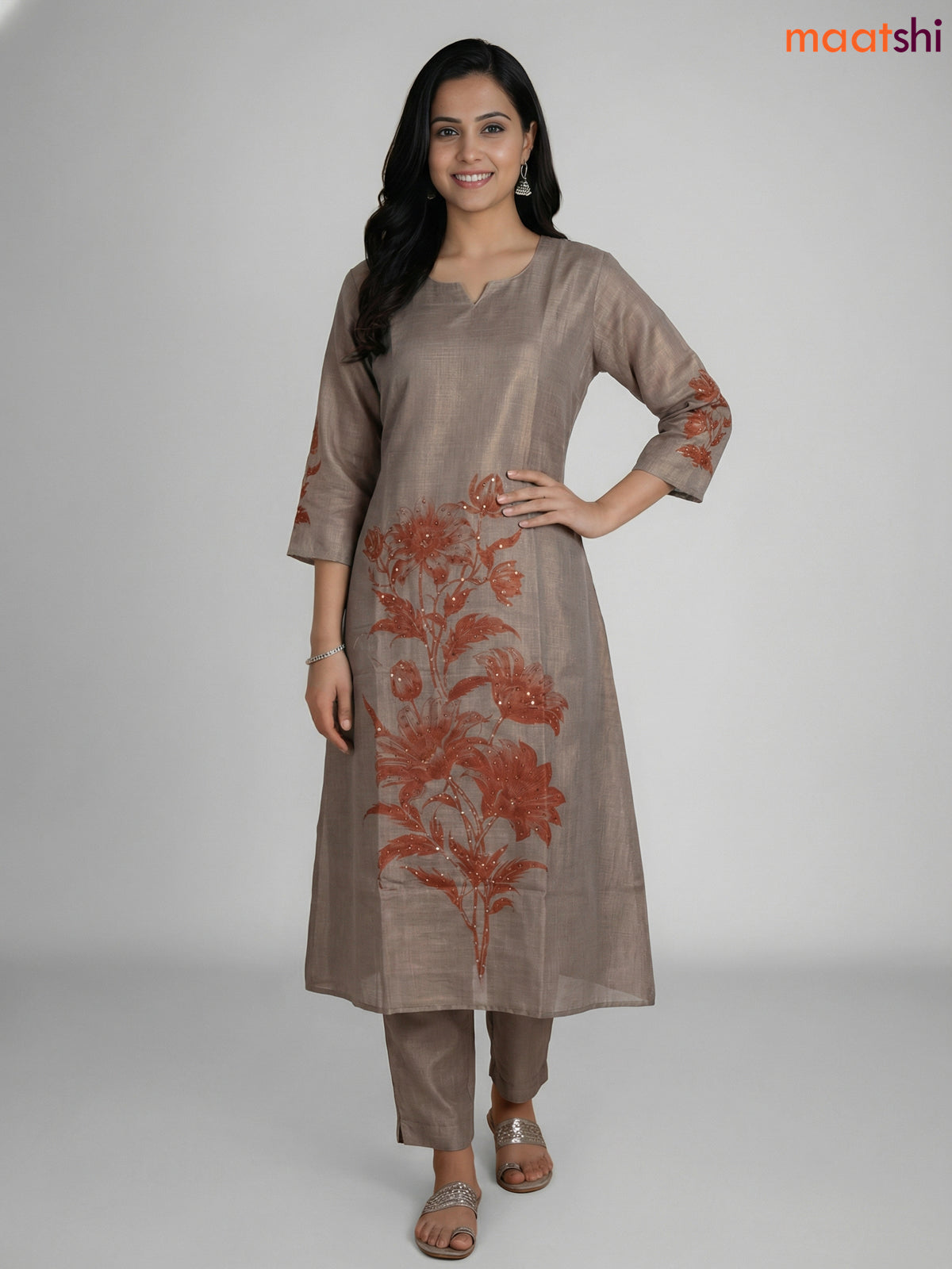 Grey and Rust Shade Tissue Linen Kantha Stitch Work Aline Straight Suit