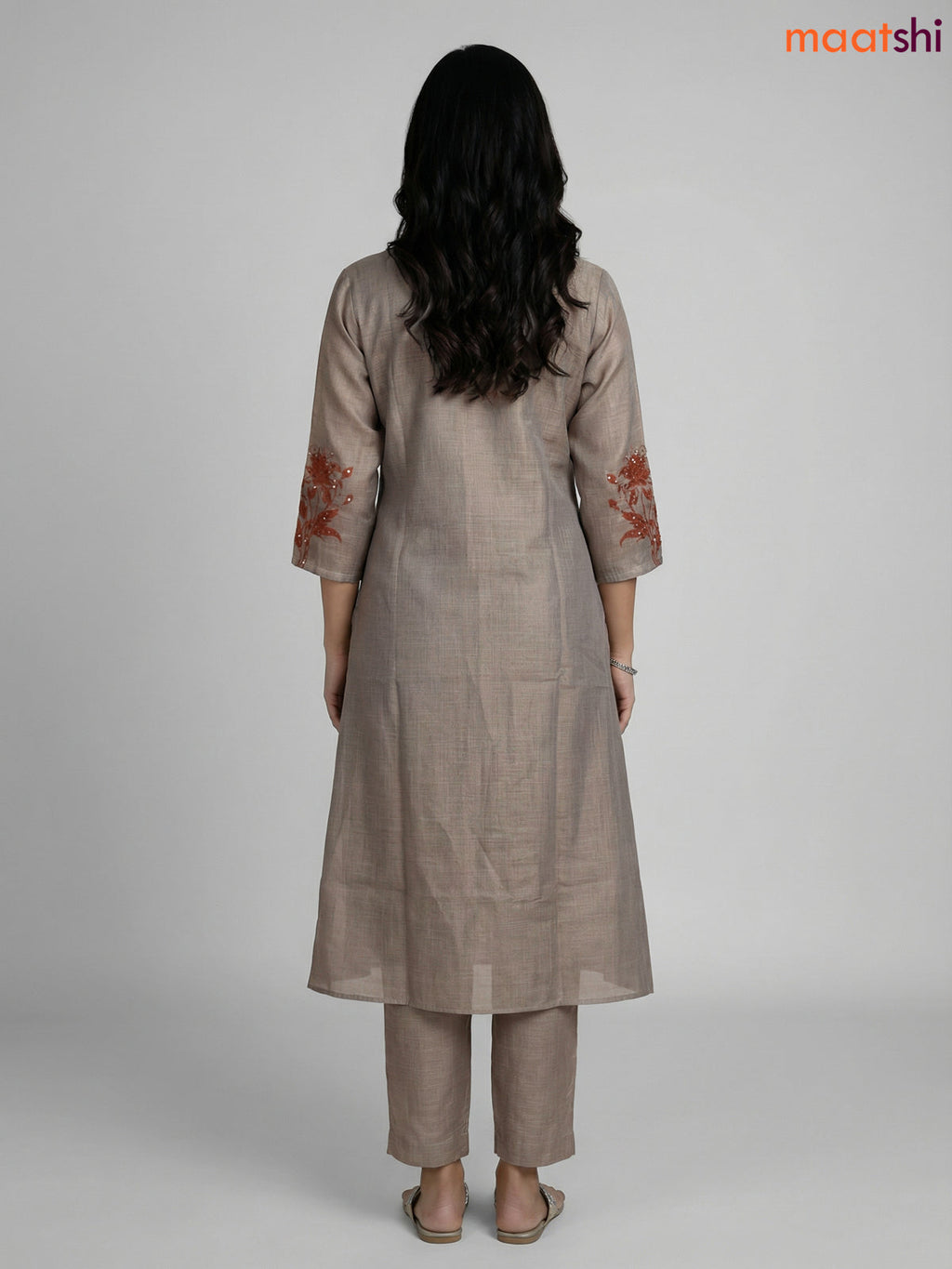 Grey and Rust Shade Tissue Linen Kantha Stitch Work Aline Straight Suit