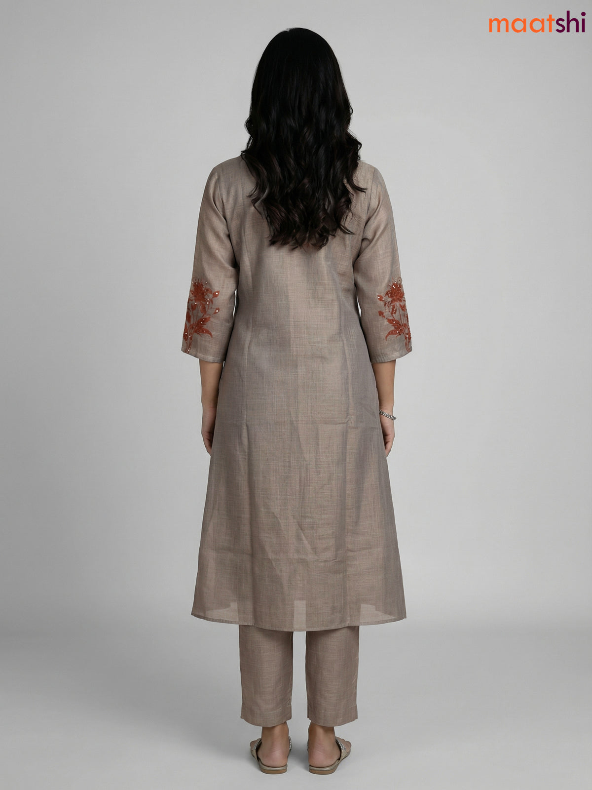 Grey and Rust Shade Tissue Linen Kantha Stitch Work Aline Straight Suit