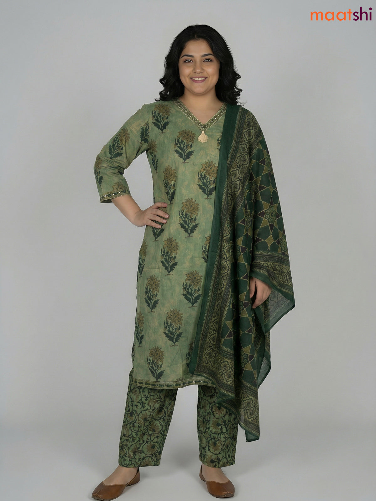 Pastel Green and Green Cotton Printed Straight Suit