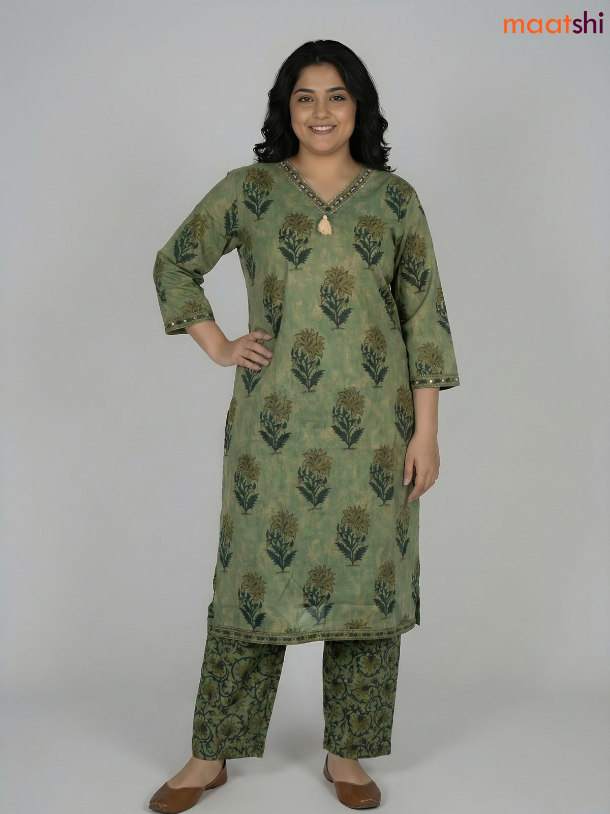 Pastel Green and Green Cotton Printed Straight Suit