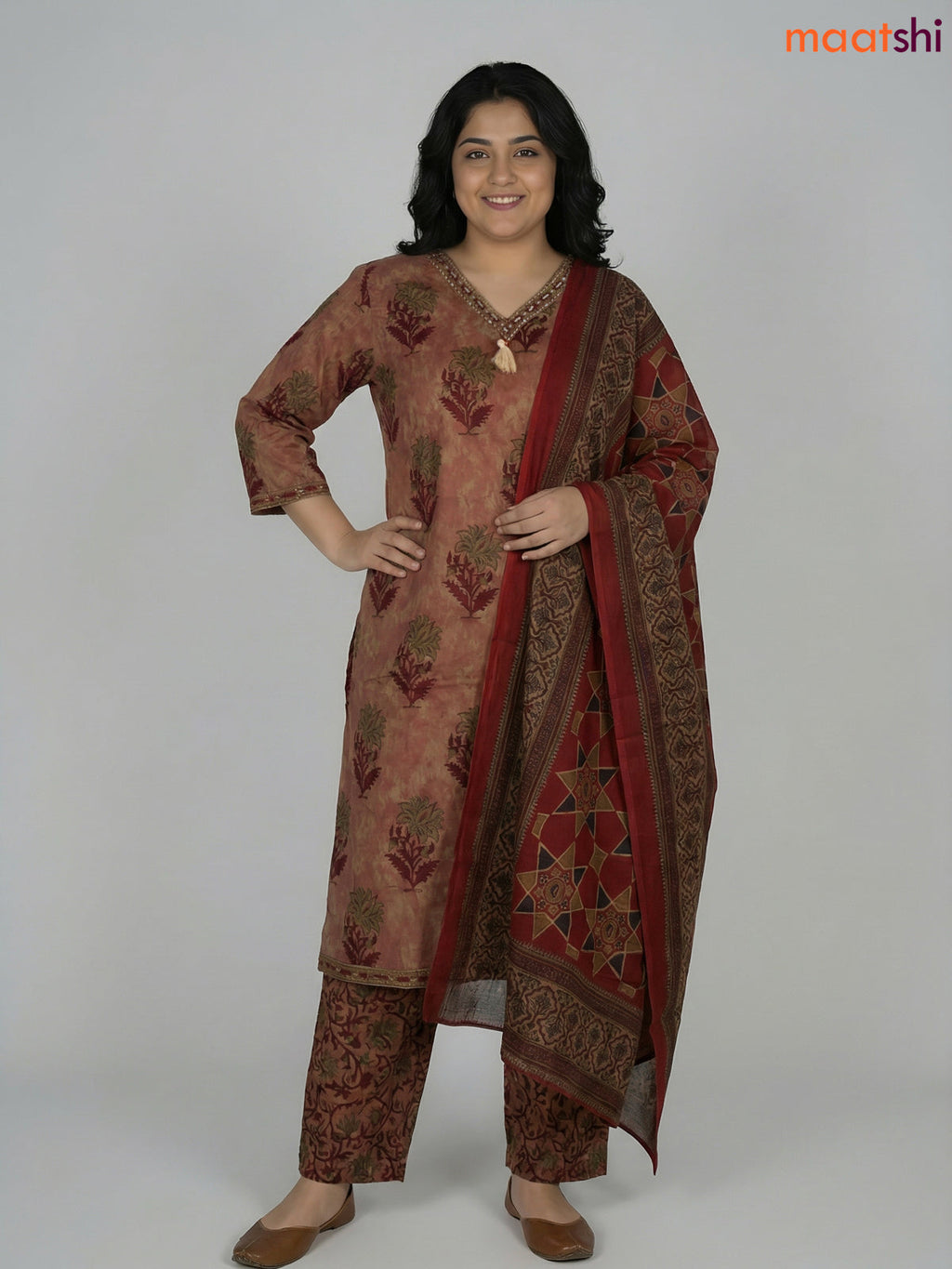 Pastel Brown and Maroon Cotton Printed Straight Suit