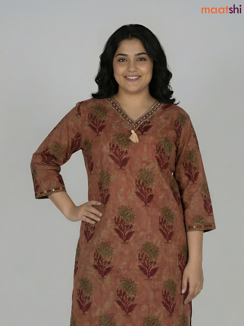 Pastel Brown and Maroon Cotton Printed Straight Suit
