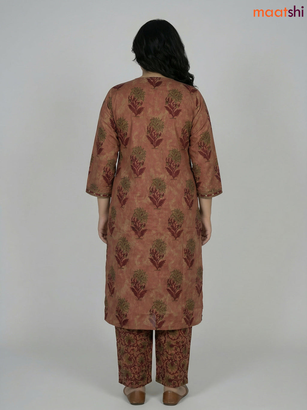 Pastel Brown and Maroon Cotton Printed Straight Suit