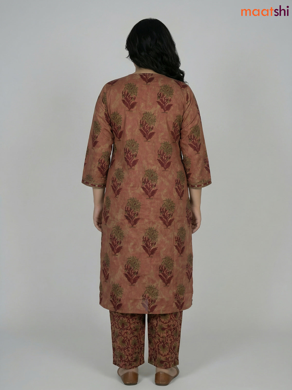 Pastel Brown and Maroon Cotton Printed Straight Suit