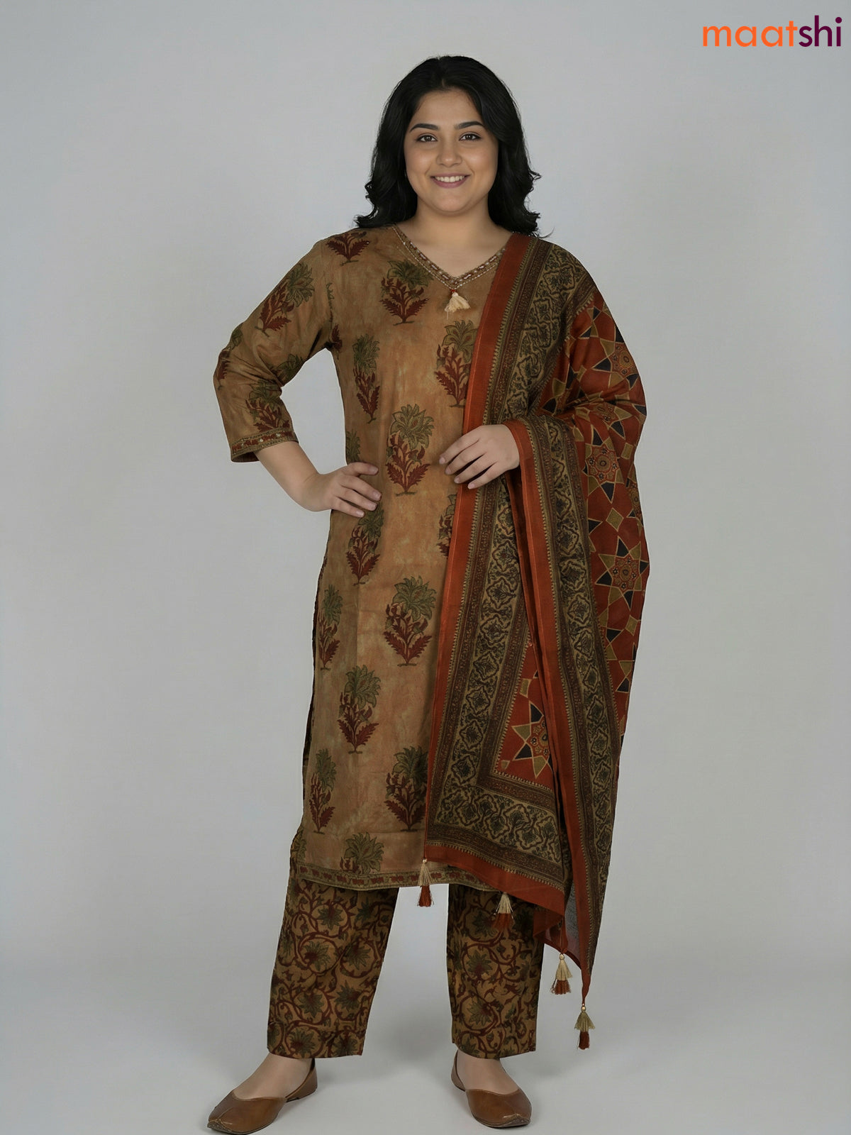 Pastel Green and Rust Shade Cotton Printed Straight Suit