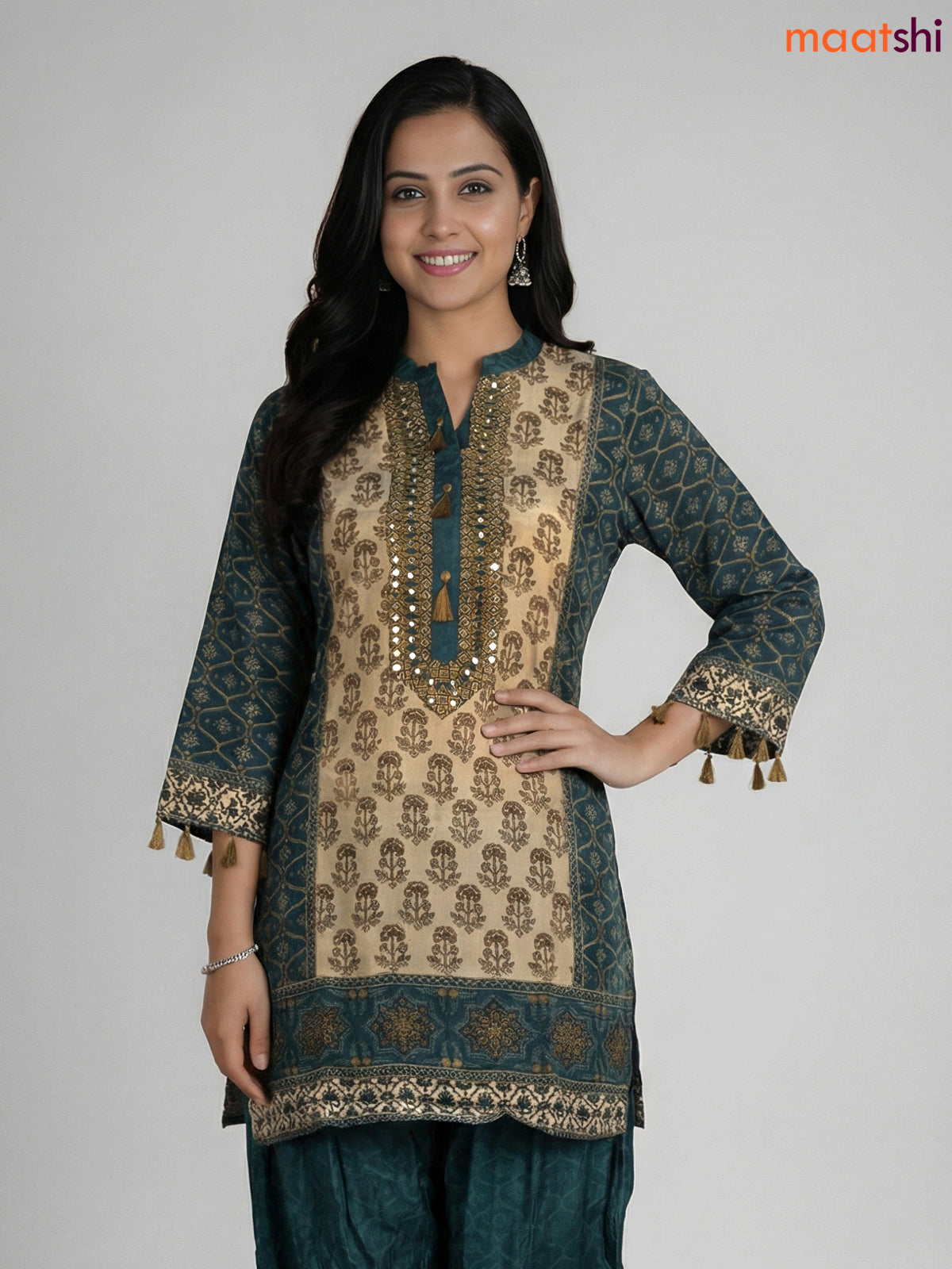 Beige and Peacock Green Crepe Silk Printed Co-Ord Set